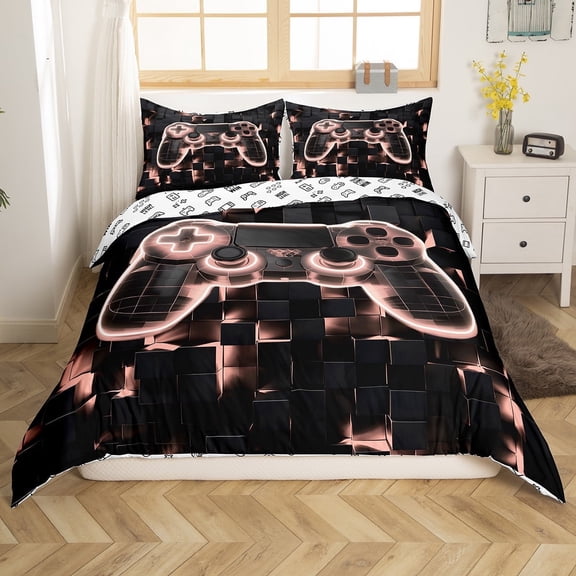 Gamer Twin Duvet Cover Gaming Bedding Set 2 Pcs, Gaming Room Comforter Cover Beige Pink Geometry Honeycomb Print Bedspread Cover Modern Abstract Plaid Bedding Soft Reversible
