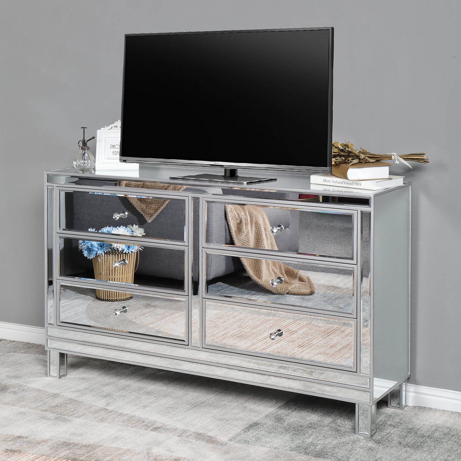 Kepooman FCH Mirrored TV Stand, Mirrored Finish Glass TV Stand with 6 Drawers, Mirrored Dresser for Living Room, Bedroom, Silver Kepooman FCH Mirrored TV Stand, Mirrored Finish Glass TV Stand with 6 Drawers, Mirrored Dresser for Living Room, Bedroom, Silver