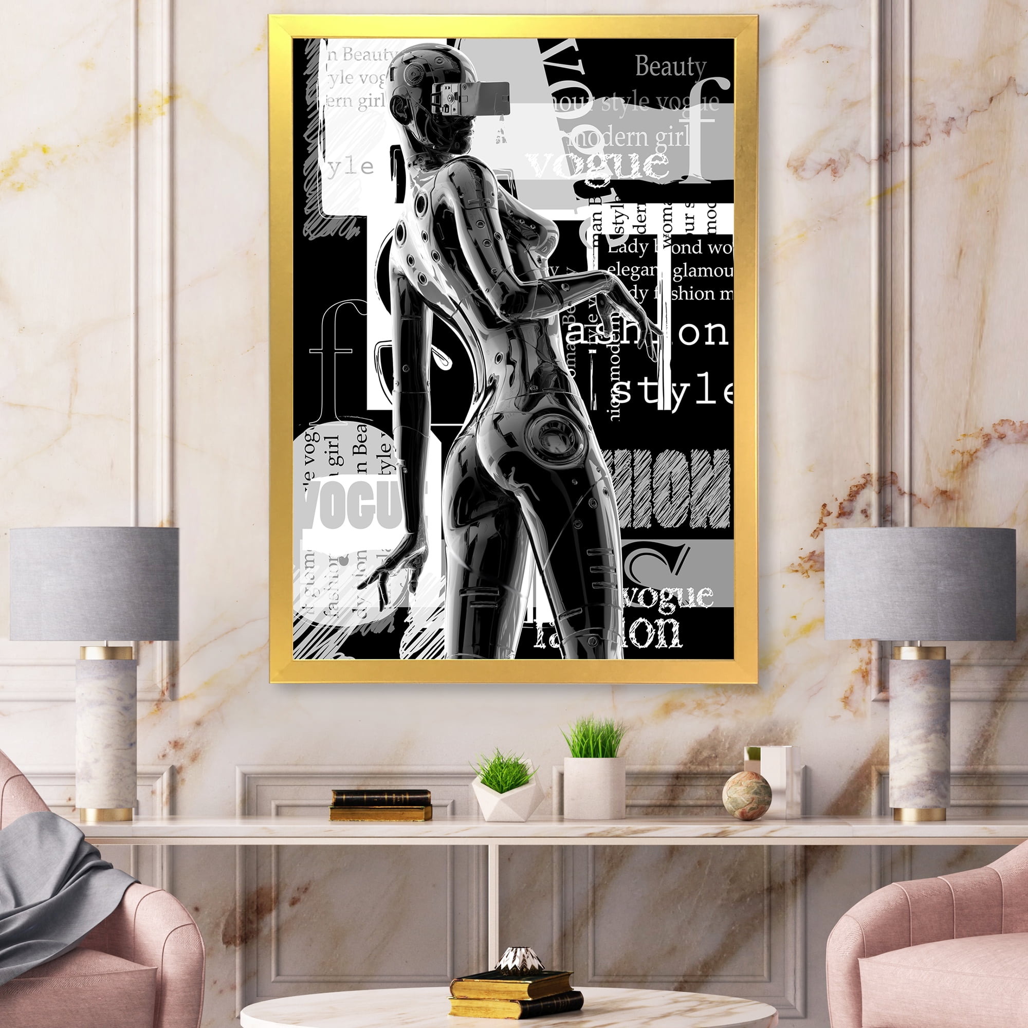 Designart 'Black and White Cyborg Body I' Modern Framed Art Print