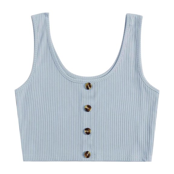 Qiopertar Sleeveless Ribbed Button Front Crop Tank Top for Women Casual Comfy Blouse T-Shirt Spring Summer Beach Vacation, Blue XL