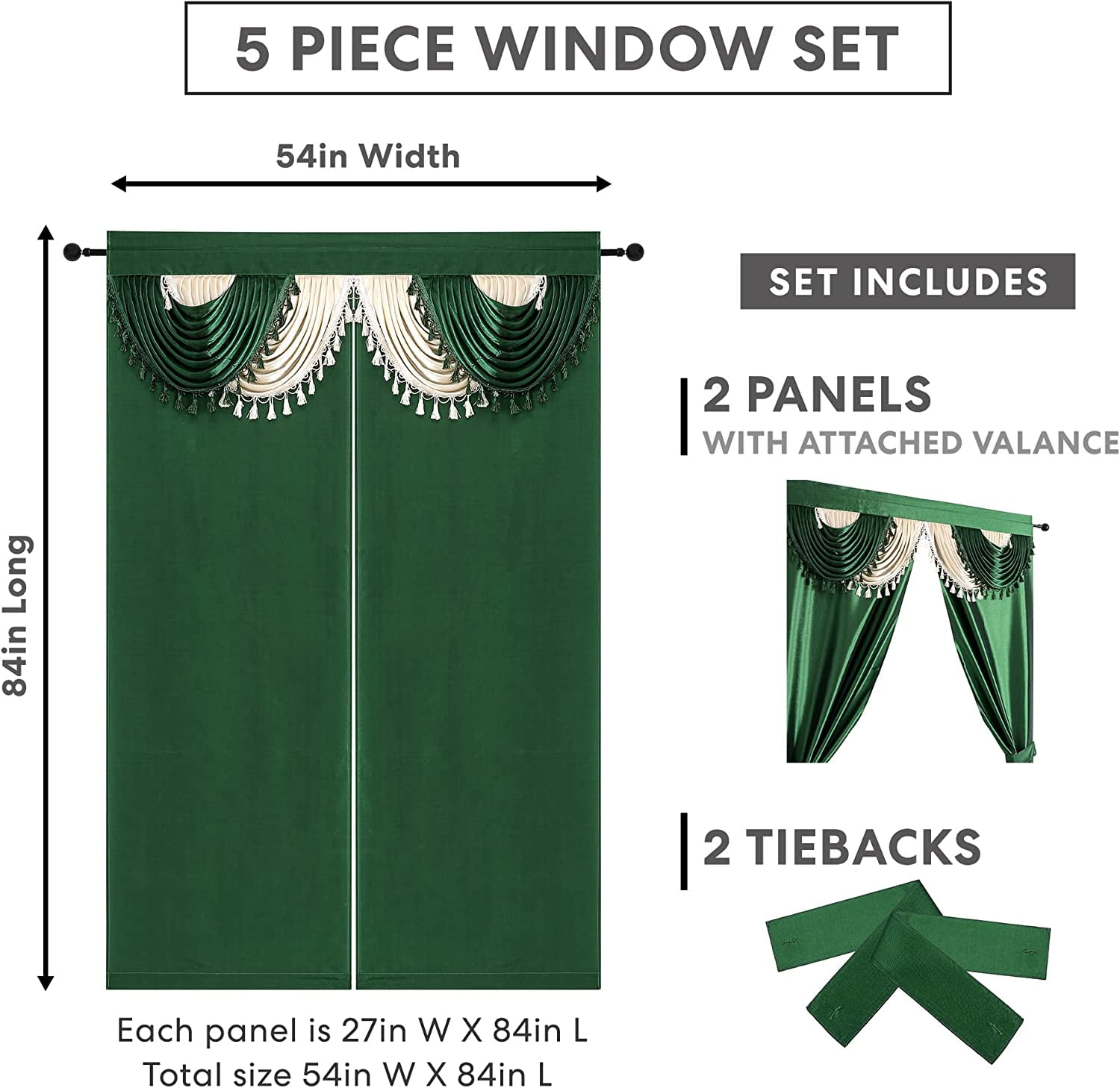 Regal Home Collections Amore Curtains 5-Piece Window Curtain Set - 54-Inch W x 84-Inch L Panels with Attached Valance and 2 TiebackS (Green)