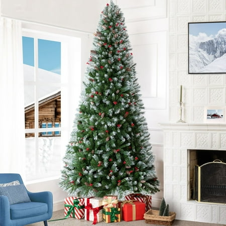 Naomi Home 9ft Snow Flocked Christmas Tree with Lights, Realistic Spruce Christmas Tree with Pine Cones, Berries, Foot Pedal, 2128 Branch Tips, 900 Warm Lights and Metal Stand, Pre Lit Christmas Tree