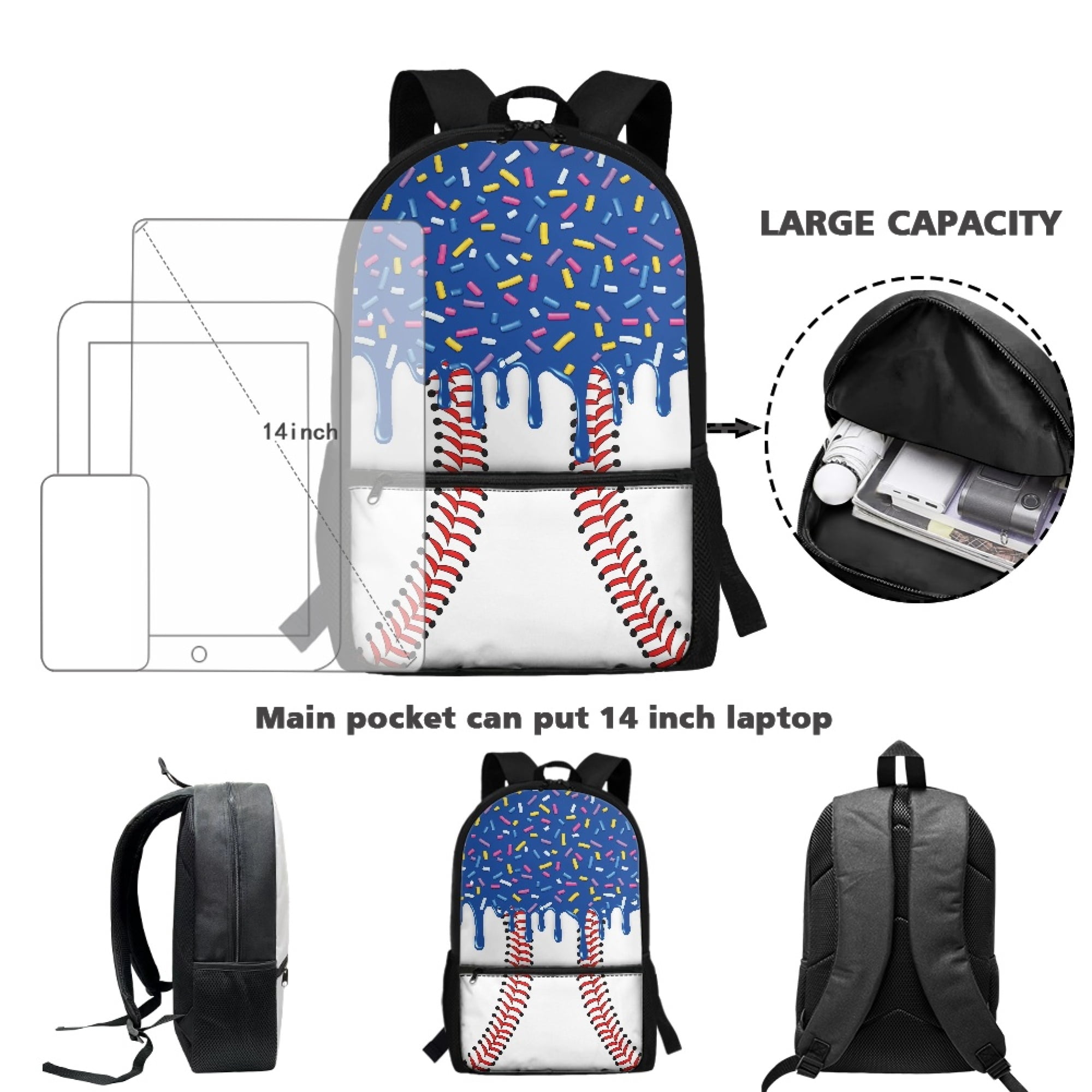 Uourmeti Spacious Compartment 17 Inch Polyester Backpack for Travel Daily Use, Spacious Interior Spacious Storage Durable School Bag, Baseball Print