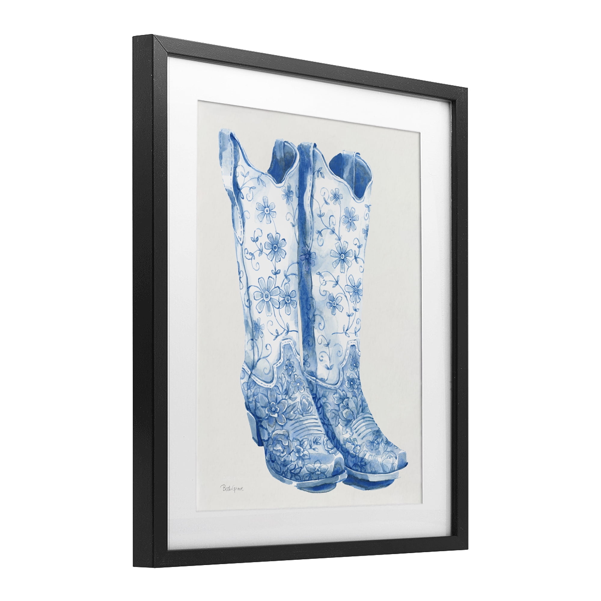 Stupell Industries Blue Boots with Floral Embroidery Black Framed Print Under Glass, design by Beth Grove