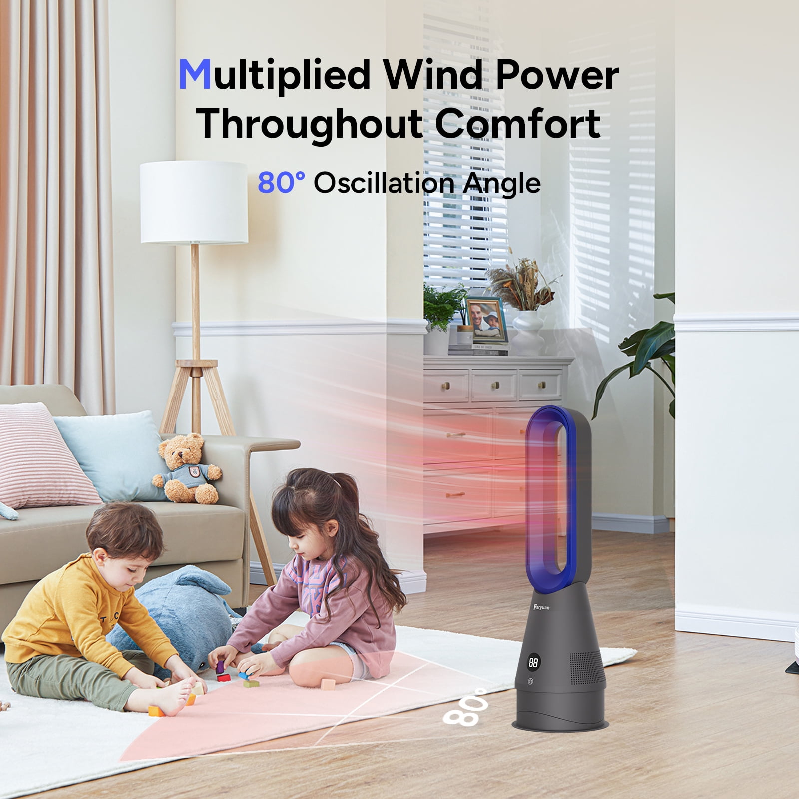 Faryuan 3-in-1 Bladeless Tower Fan & Space Heater with Filter, 80° Oscillating 10-Speed Cooling Fan with Remote, 9H Timer for Large Room, Blue