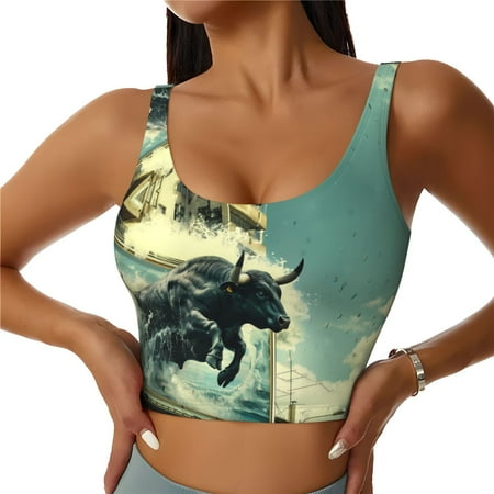 Sports Bra for Women  Bull Charging Through Waves Sports Bras for Women High Support  Workout Yoga Tank Tops Woman With Removable Cups