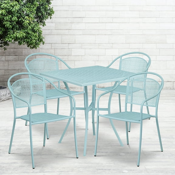 Flash Furniture Commercial Grade 28" Square Sky Blue Indoor-Outdoor Steel Patio Table Set with 4 Round Back Chairs
