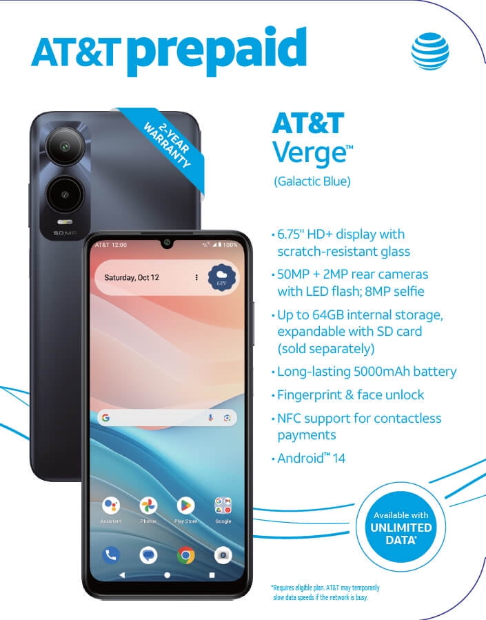 ATT Verge, 64GB, Galactic Blue - Prepaid Smartphone [Locked to ATT]