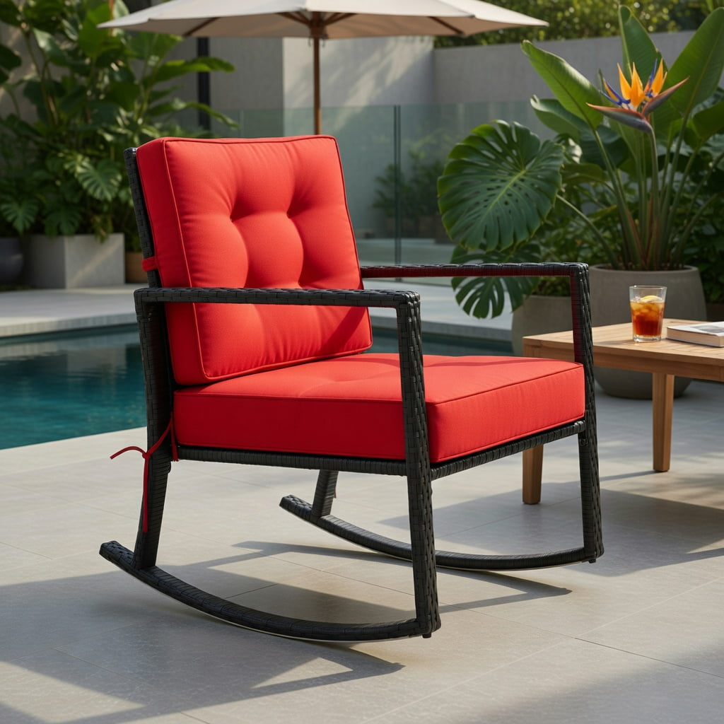 Hommoo Outdoor Rattan Rocking Chair with Thick Cushions, PE Wicker Glider for Patio, Backyard & Deck, Rustic Style, Weather-Resistant, Red