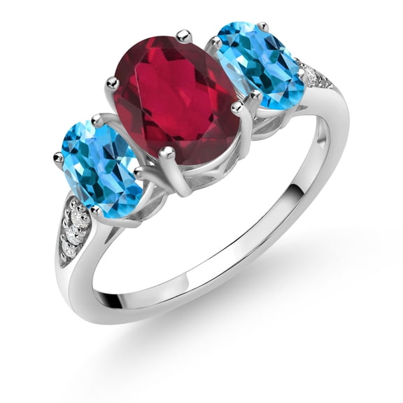 Gem Stone King 10K White Gold Ruby Red Mystic Topaz Swiss Blue Topaz and White Lab Grown Diamond 3 Stone Engagement Ring for Women (2.44 Cttw, Gemstone Birthstone, Size 9)