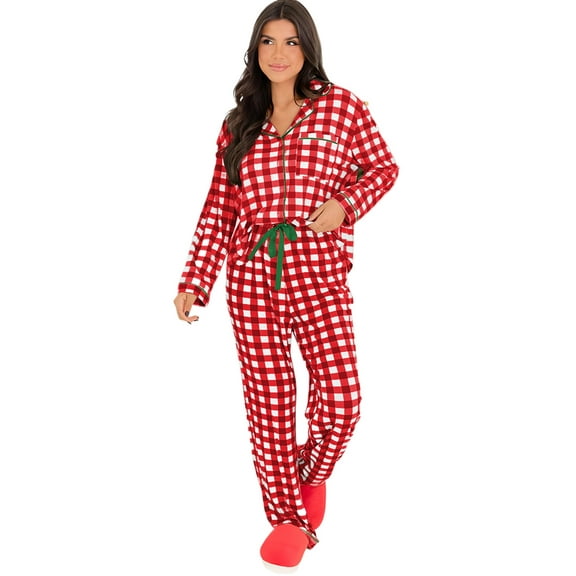 Women's Fiery Red Christmas Plaid Print Pajama Set - Cozy Long Sleeve Shirt and Casual Pants | [ZhiHiMeRi] | (US 16-18)XL