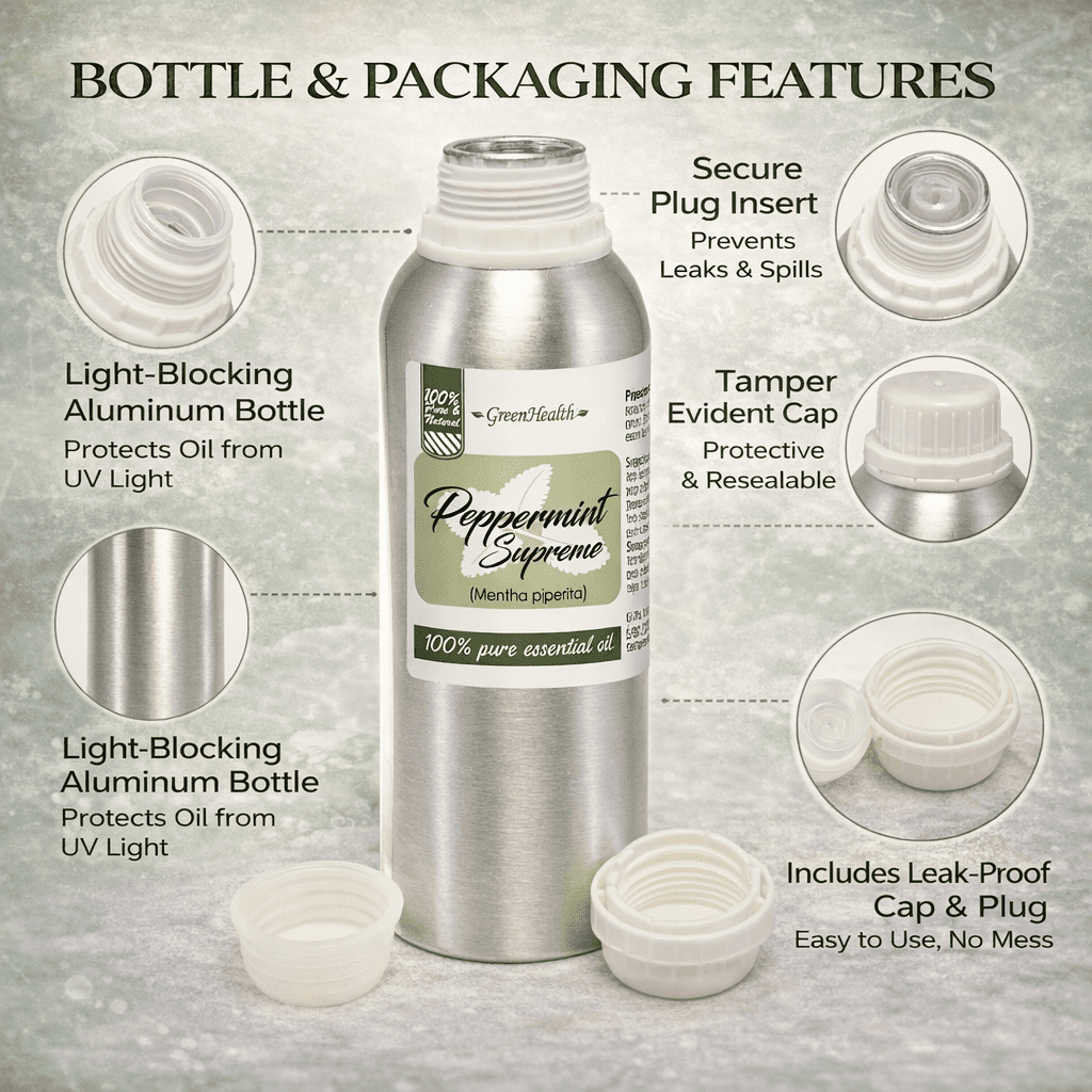 Peppermint Essential Oil – 100% Pure Mentha Piperita – GreenHealth – 8 fl oz (237 ml) Aluminum Bottle with Plug Cap – Aromatherapy, Diffusers, DIY, Candles, Fresh Home Scent