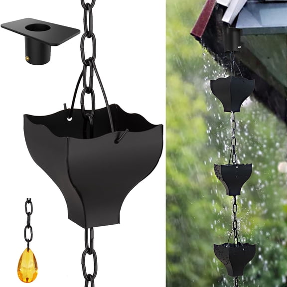 8.5 ft BlackRain Chain for Outdoor Gutter Downspouts, Black Cup Barrel Rain Chain, Practical and Beautiful