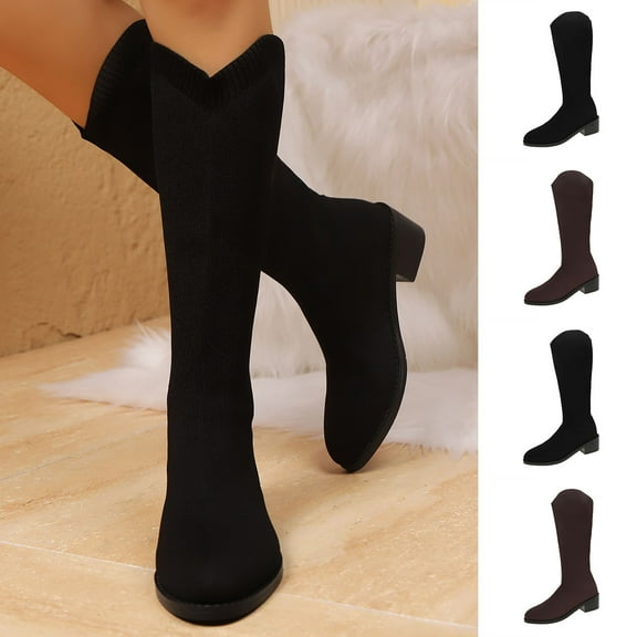 Juebong Knee High Boots Women Elastic Boots Chunky Low Heel Closed Toe Knitted Fall Long Tall Boots for Women Brown,42