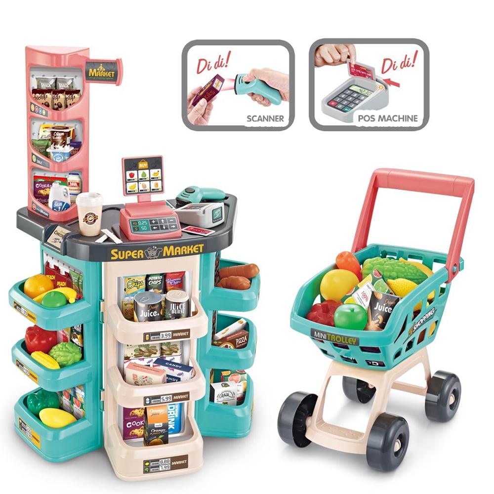 Shopping Cart Toys Educational Learning Toy Gecau Pretend Shopping Grocery Cart Groceries Play Store Scanner Kit for Kids Pretend Play Vegetables and Fruit Set Gift for Toddler Boy Girl 