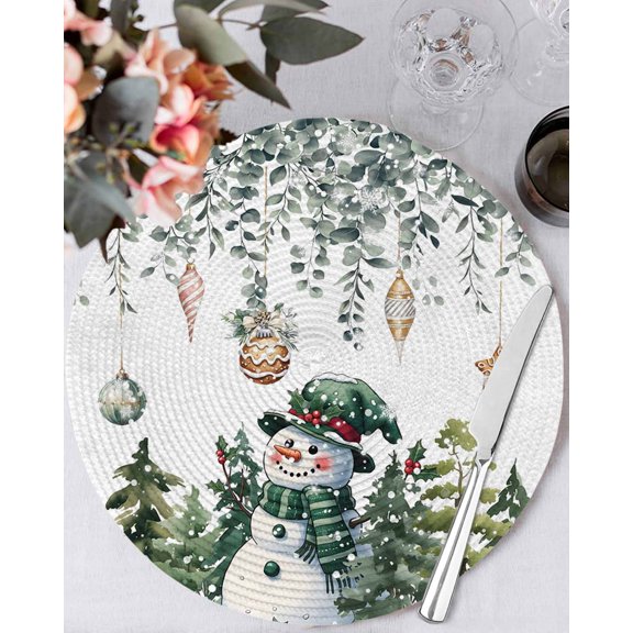 15 Inch Round Placemats Set of 4, Green Snowman Christmas Non Slip Heat Insulation PP Table Mats, Eucalyptus Leaves Xmas Snowflake Washable Place Mats for Kitchen Dining Party Table Decor
