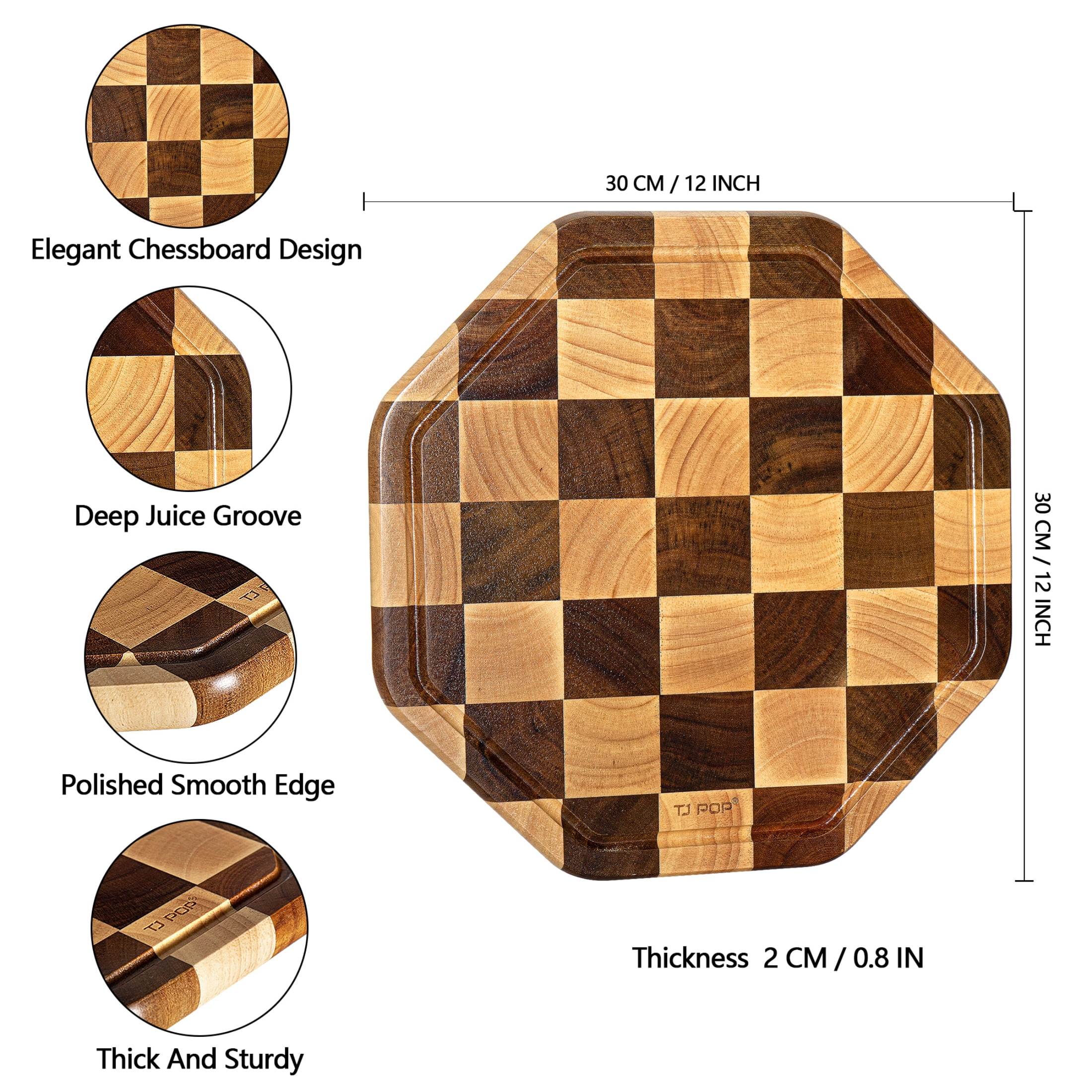 TJ POP End Grain Acacia Wood Cutting Board with Juice Groove, 12" x 12" x 0.8"