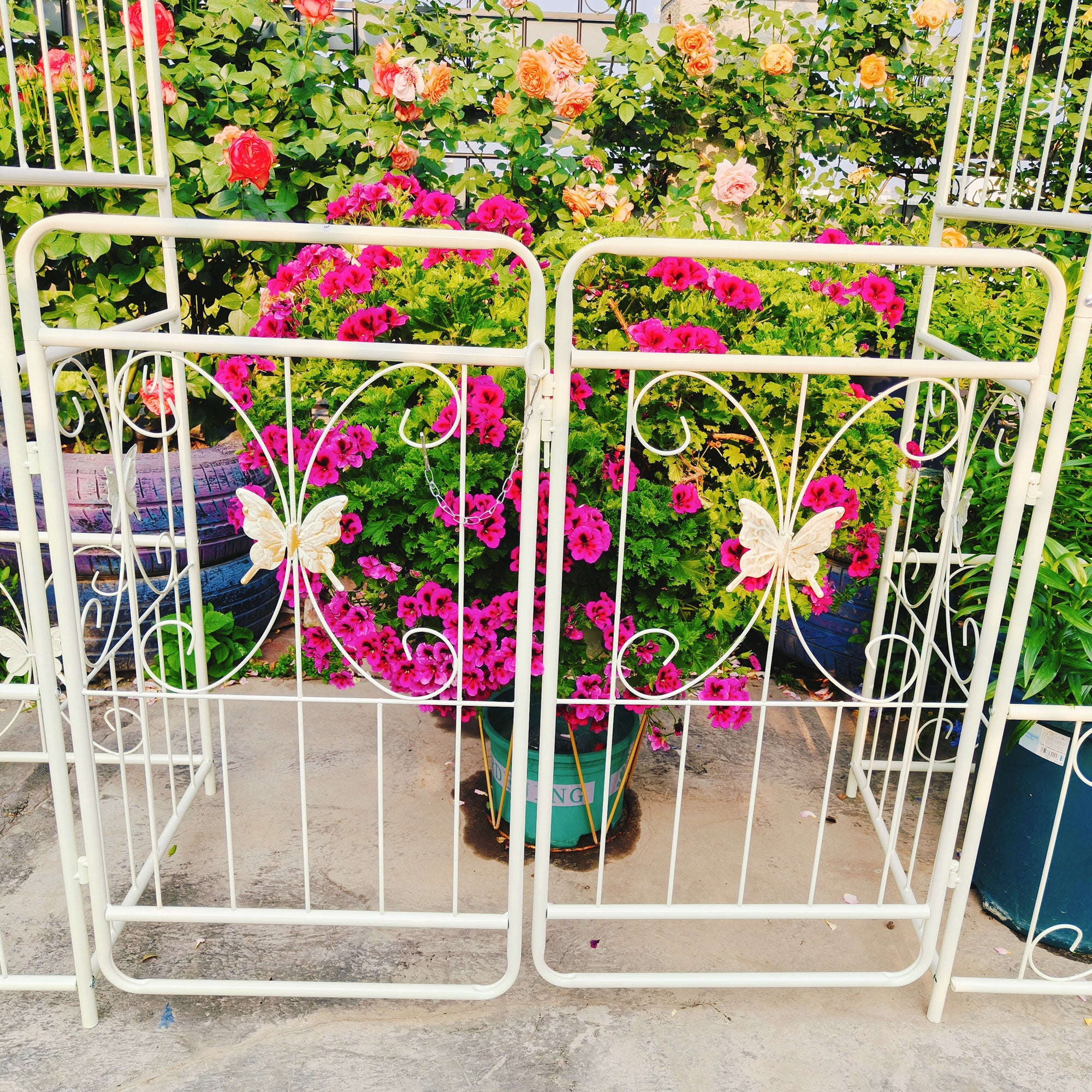 Garden Arch with Gate 79.5" Wide x 86.6" High Climbing Plants Support Rose Arch Outdoor Cream White