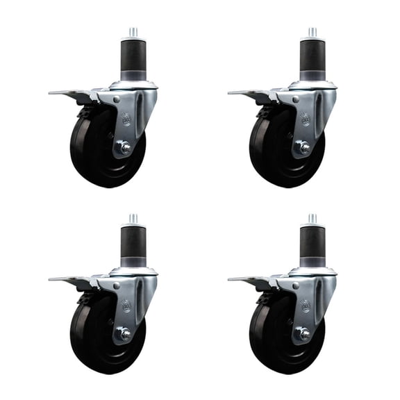 4 Inch Soft Rubber Swivel 1-5/8 Inch Expanding Stem Caster Set Total Lock Brake