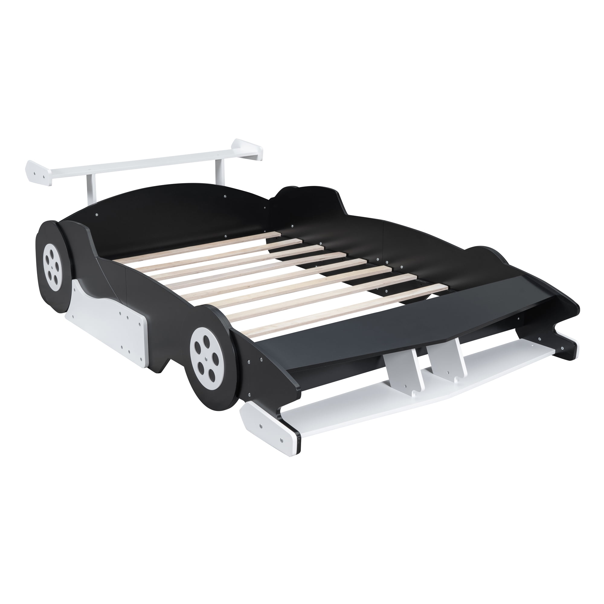 Full Size Race Car-Shaped Platform Bed with Wheels, Unique Race Car Design with Side Rails, Sturdy Plywood Construction, No Box Spring Needed, for Bedroom, Black
