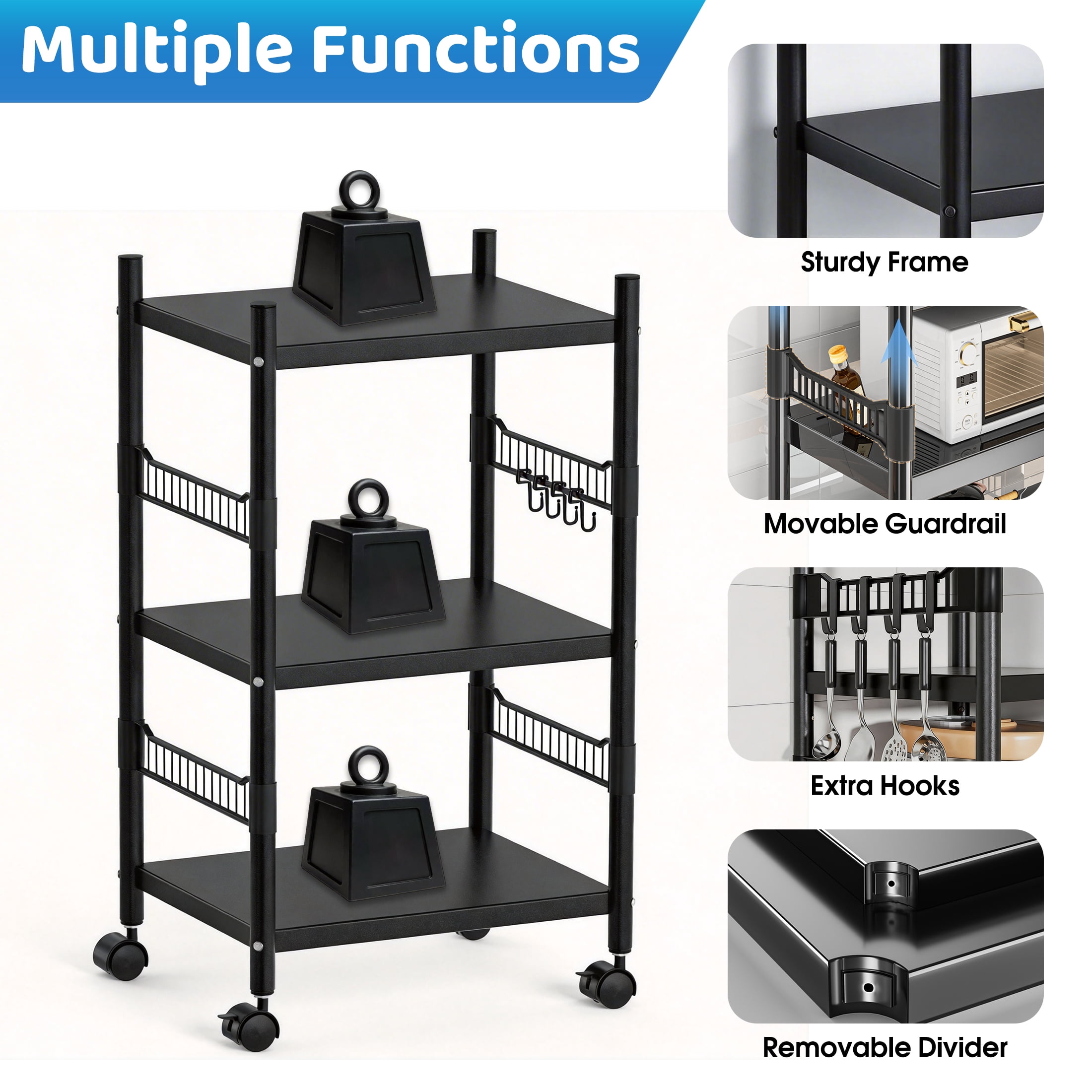 Kitchen Microwave Cart, 3-Tier Utility Shelf Microwave Stand Storage Cart with Wheels and 4 Hooks, Rolling Utility Storage Cart, Microwave Oven Storage Cart for kitchens Bathrooms Offices