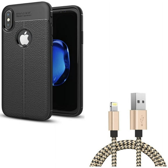 USB Cable w Case for iPhone XS/X - 3ft Charger Cord Power Wire, PU Leather Slim Fit Cover Reinforced Bumper Shock Absorbent for iPhone XS/X