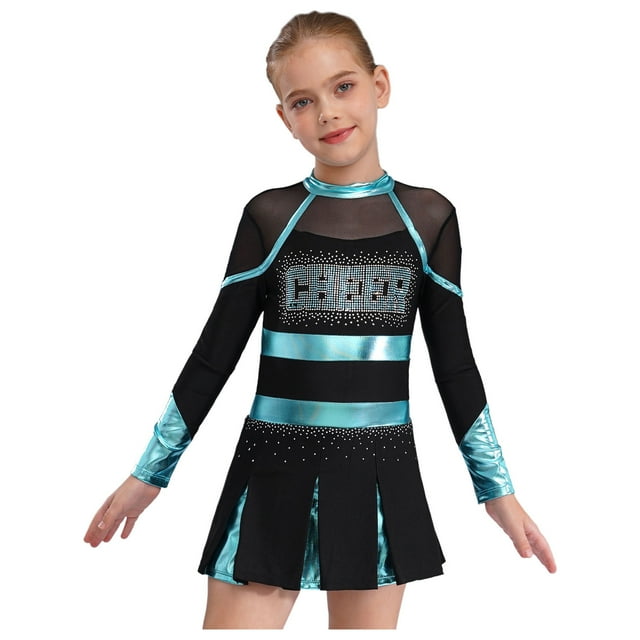 RUNQHUI Robe de Danse à Paillettes à Manches Longues pour Filles Enfants Uniforme d'Équipe Compétition Acclamation Danse Noir&Bleu Vert 10