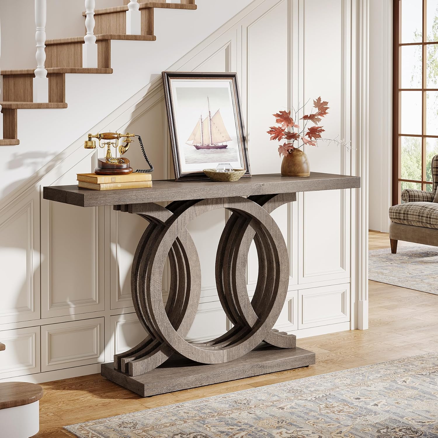 Finmind 55" Console Table with Geometric Wood Base, Modern Entryway Table, Brown