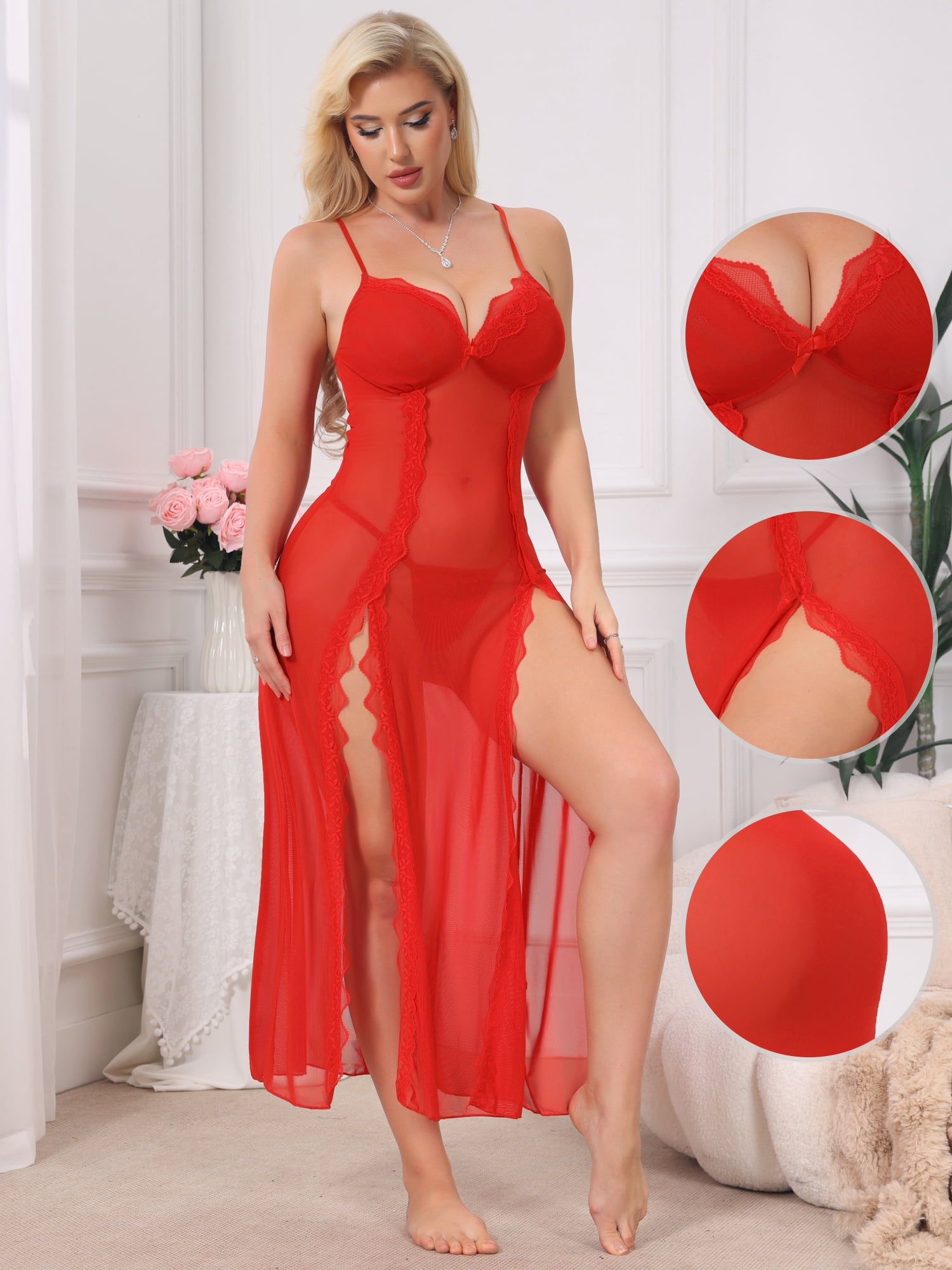 DARING DIVA Women's Long Side Split Lace Nightdress Mesh V Neck Lingerie Set XL Red