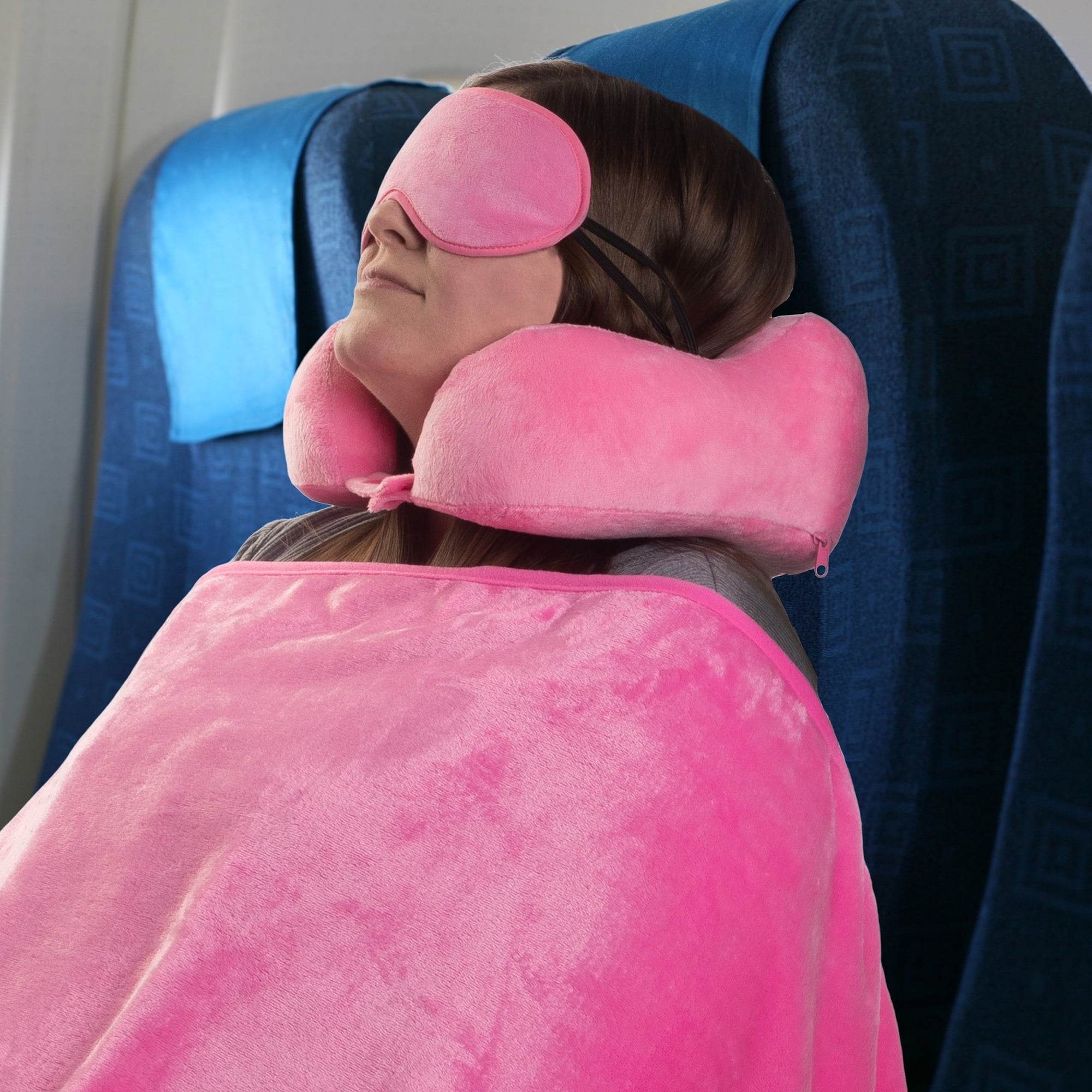 Home-Complete Travel Neck Pillow Set with Fleece Blanket and Eye Mask Pink