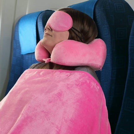 Home-Complete Travel Neck Pillow Set with Fleece Blanket and Eye Mask, Pink