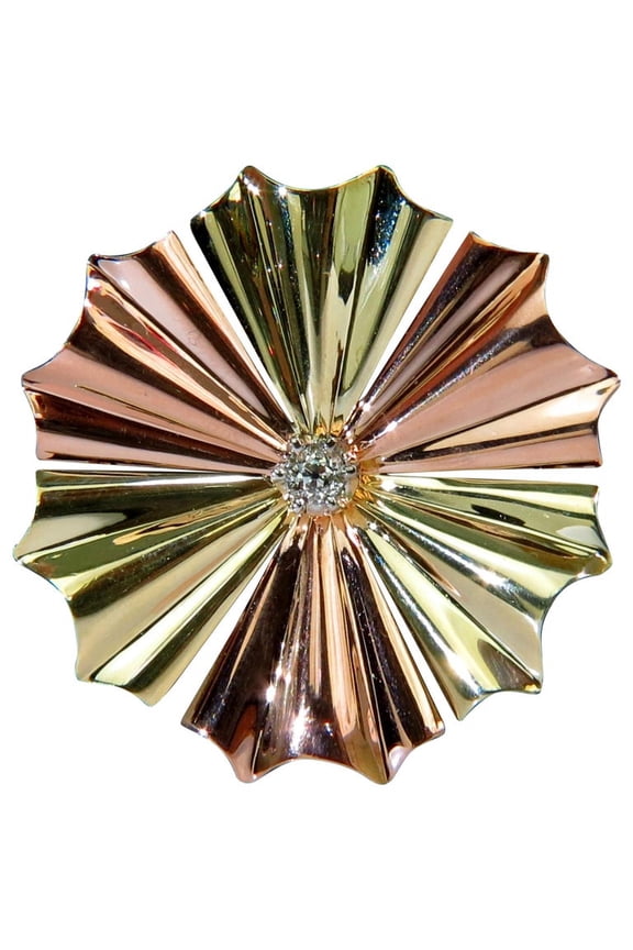 3D 14KT .30ct DIAMOND 1970's SUNBURST BROOCH PIN