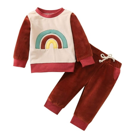 

Loalirando Baby Boy Girl Clothes Cozy Velvet Rainbow Tops Solid Pants Set
