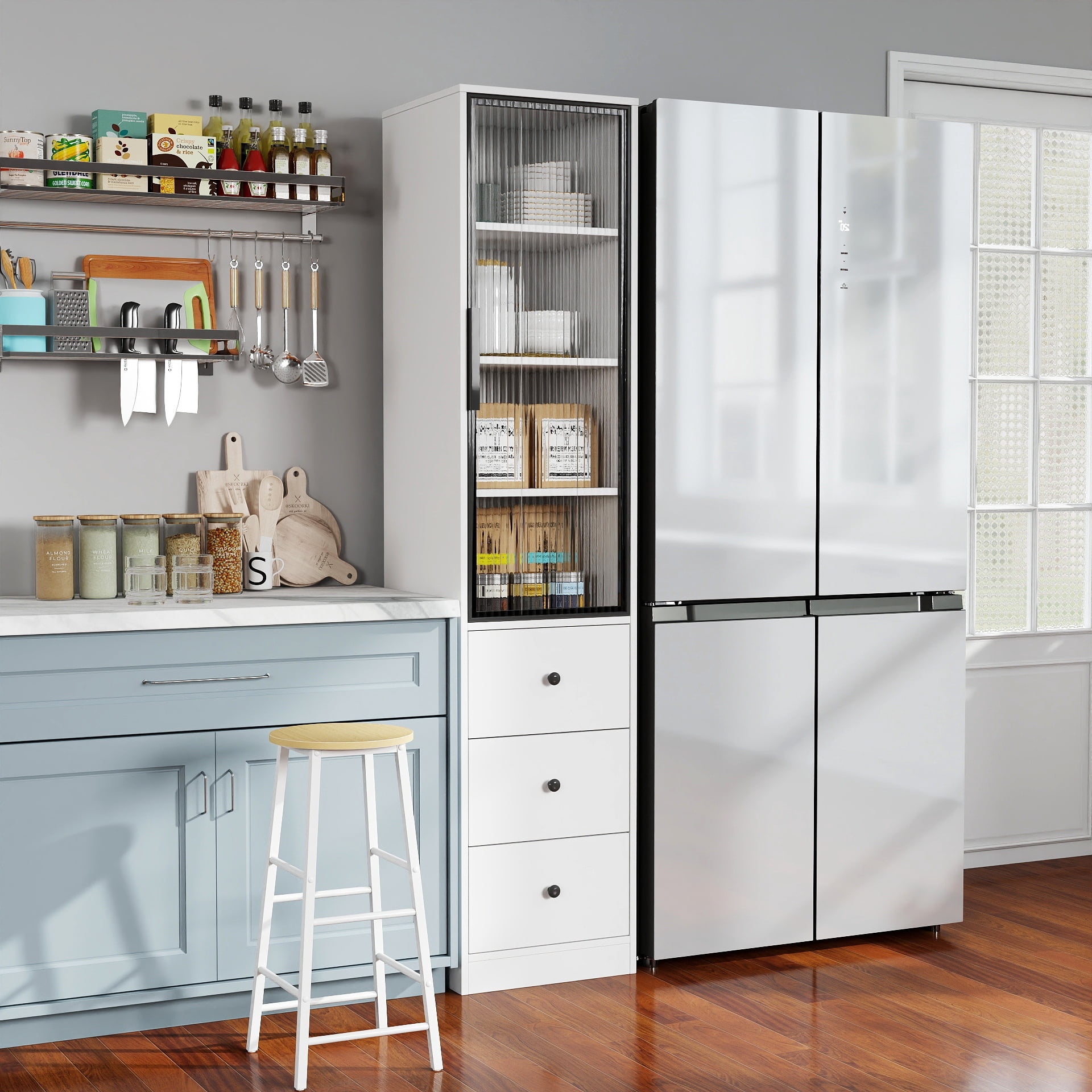 Tall Bathroom Storage Cabinet Narrow Unit with Glass Door 3 Drawers, White