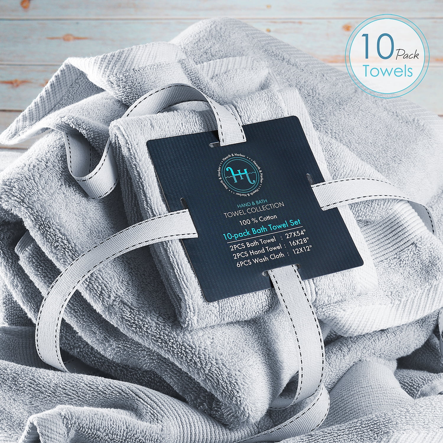 Hearth & Harbor Bath Towel Collection, 100% Cotton Luxury Soft Set of 2 Bath Towels, 2 Hand Towels & 6 Washcloths - Ice Blue