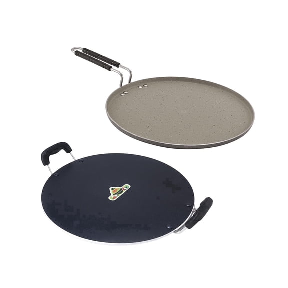 Anjali Nonstick Crepe Pan Set, 13.4 Inch and 12.6 Inch Tawa Combo, Flat Pan for Roti and Dosa, Induction and Gas Compatible