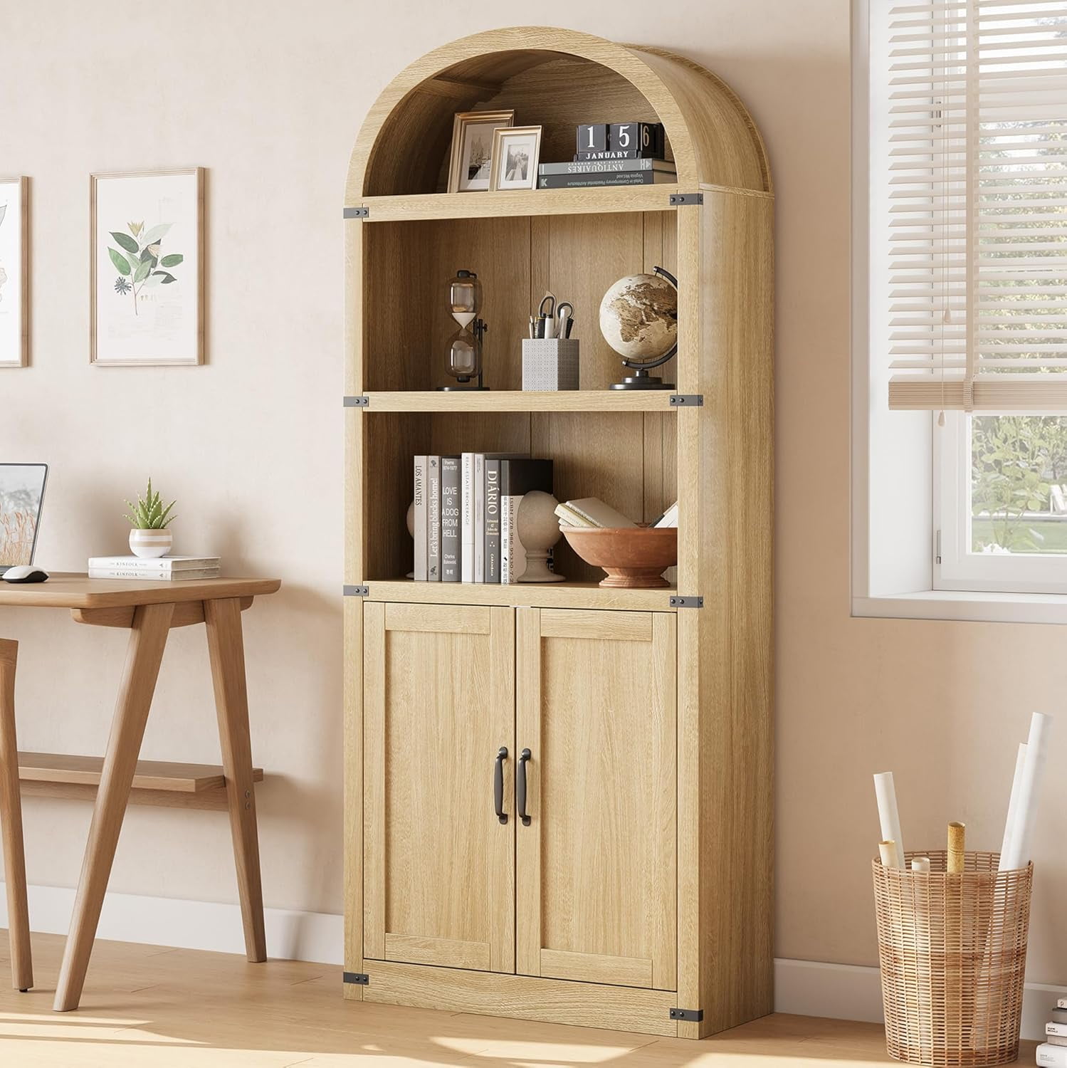 Accreate Bookcase with Doors Arched Bookshelf 71.65in Tall Bookcase Farmhouse Cabinet with Shelves Wooden Bookshelves for Home office, Living Room