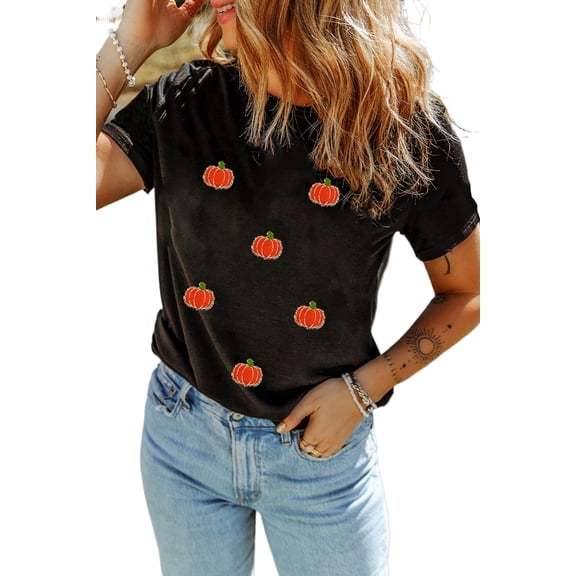 Women's Black Chenille Pumpkin Patched Casual T-Shirt for Fall - [ZhiHiMeRi] | (US 20-22)2XL