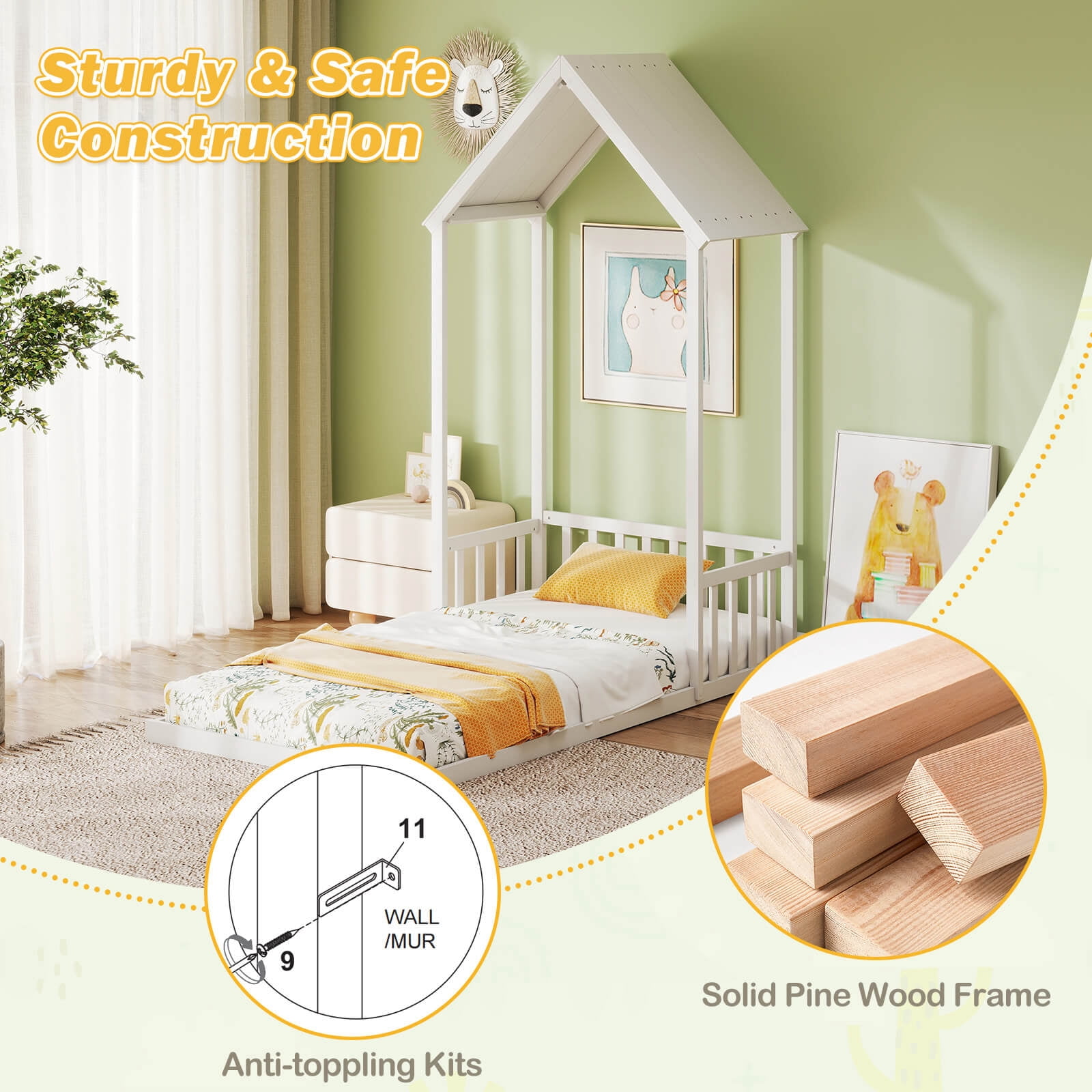 Costway Twin Size House Bed Montessori Floor Bed with House Shape Roof & Semi-Fence White