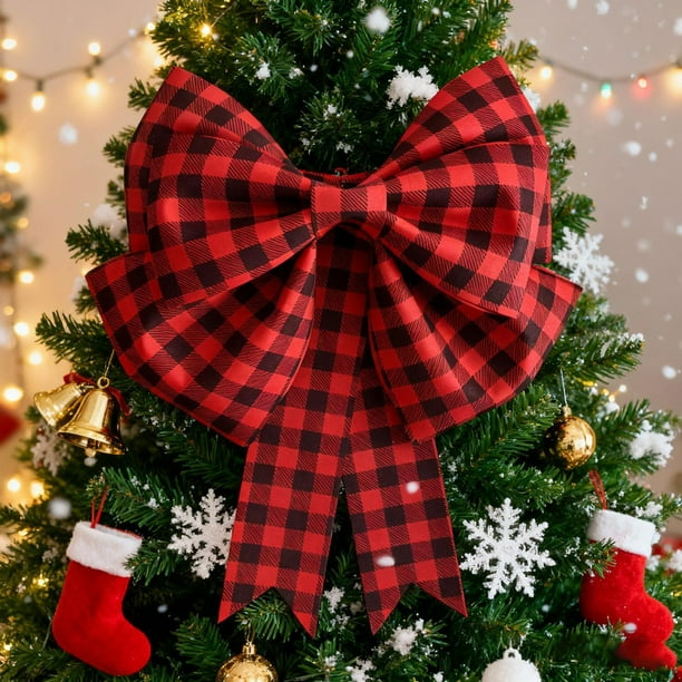 Fasiaou 2 Counts Festive Red Plaid Christmas Bow Tree Topper with Adjustable Hanger Durable Holiday Decor for Fireplace Mantle Gift Wrapping Party Reusable Ornament Seasonal Home Decor 30cm