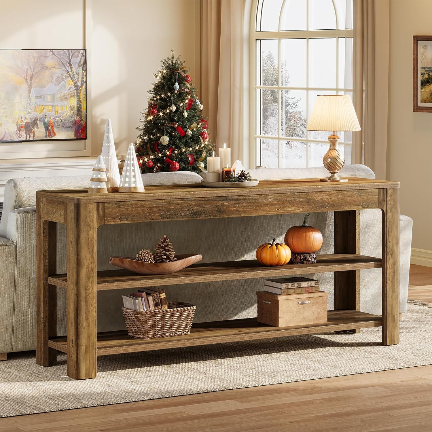 Finmind 63" Sofa Entryway Table, Farmhouse Wooden Console Table with Storage Shelves, Rustic Brown