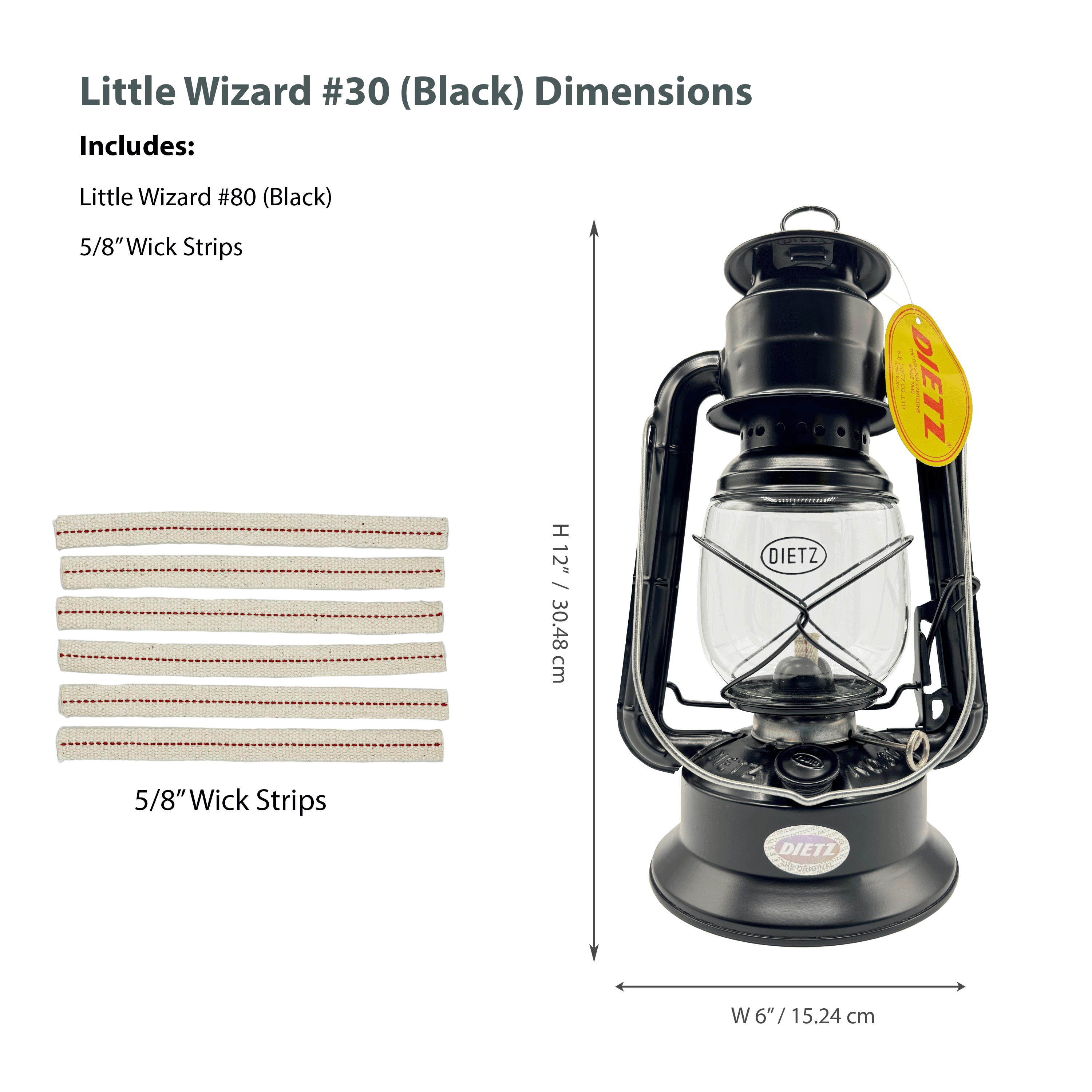 Light of Mine - Dietz #30 Little Wizard Black Oil Lantern Bundle Including 6-Pack of 100% Cotton 5/8" Replacement Wick Strips (#30, BLK)