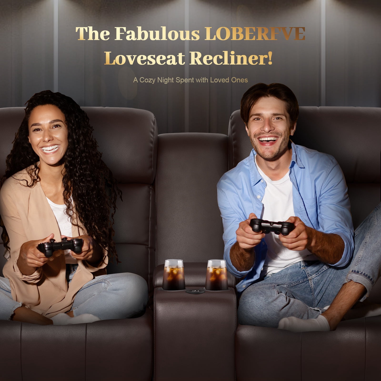 LOBERFVE Loveseat Recliner, 2 Seater Manual Recliner with Cup Holders, USB and Type-C Port, Faux Leather Recliner Chair with Massage Function for Living Room Furniture, Brown
