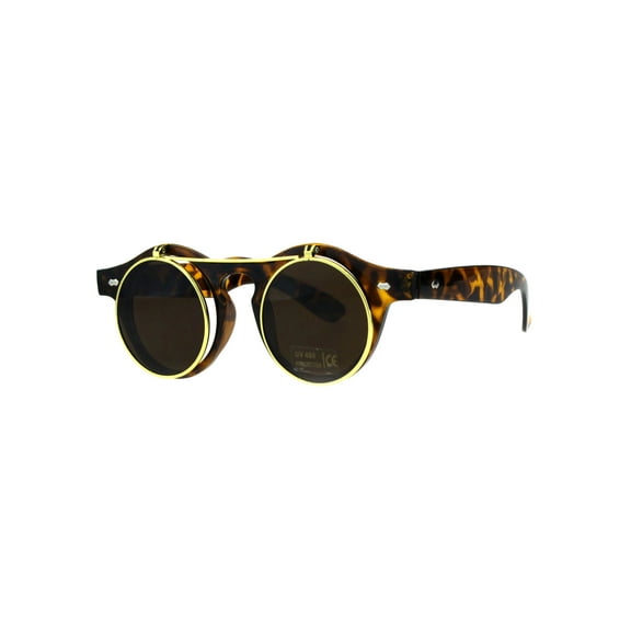Hipster Filp Up Circle Lens Plastic Horned Sunglasses Tortoise Brown