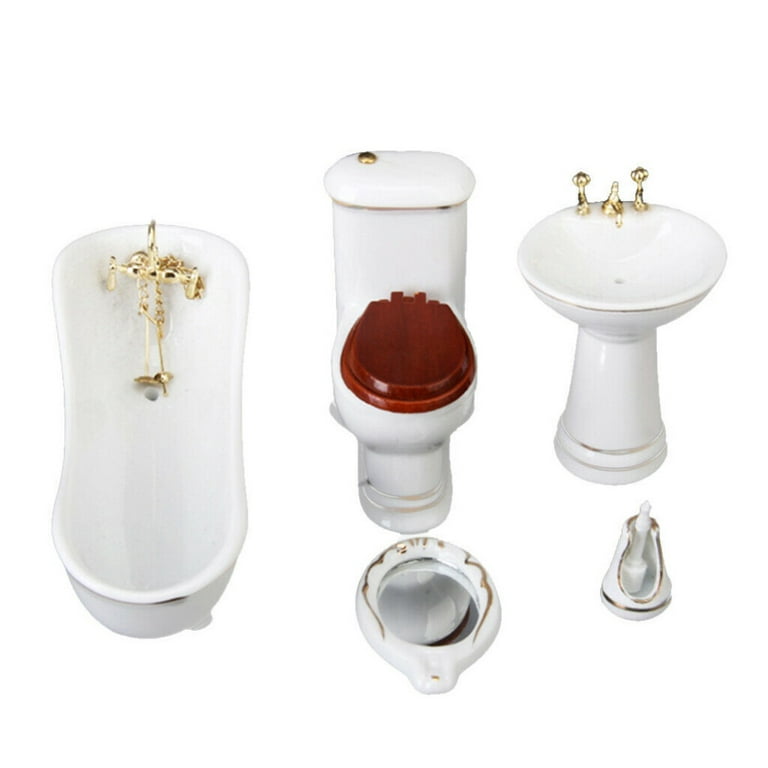 Dollhouse Bathroom 4 Piece Set, Tub Sink Toilet & Mirrow, Miniature Dolls  House Accessories, White 1/12 Scale