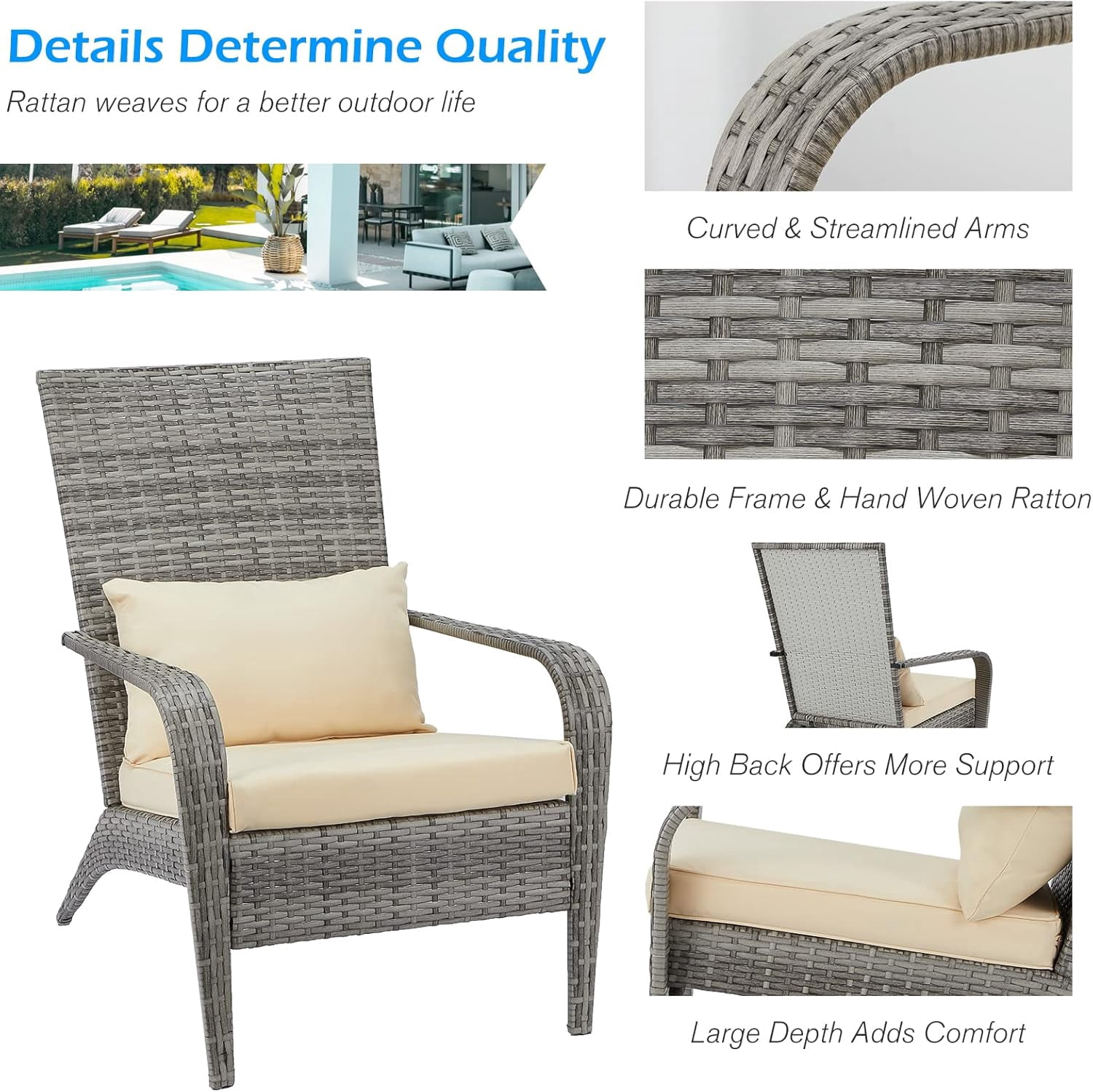 YODOLLA Patio Chairs Set of 2, High Back Wicker Outdoor Dining Chairs in Gray
