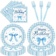 Blue Bow Birthday Party Supplies, 96 AFN1Pcs Coquette Party Plates, Napkins, Forks, Blue Bow Theme Tableware Birthday Supplies for 24 Guests, Bachelorette Decorations