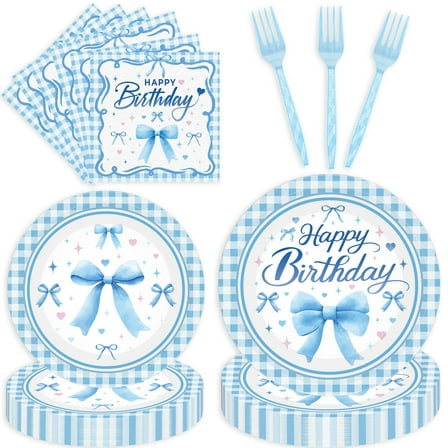 Blue Bow Birthday Party Supplies, 96 AFN1Pcs Coquette Party Plates, Napkins, Forks, Blue Bow Theme Tableware Birthday Supplies for 24 Guests, Bachelorette Decorations