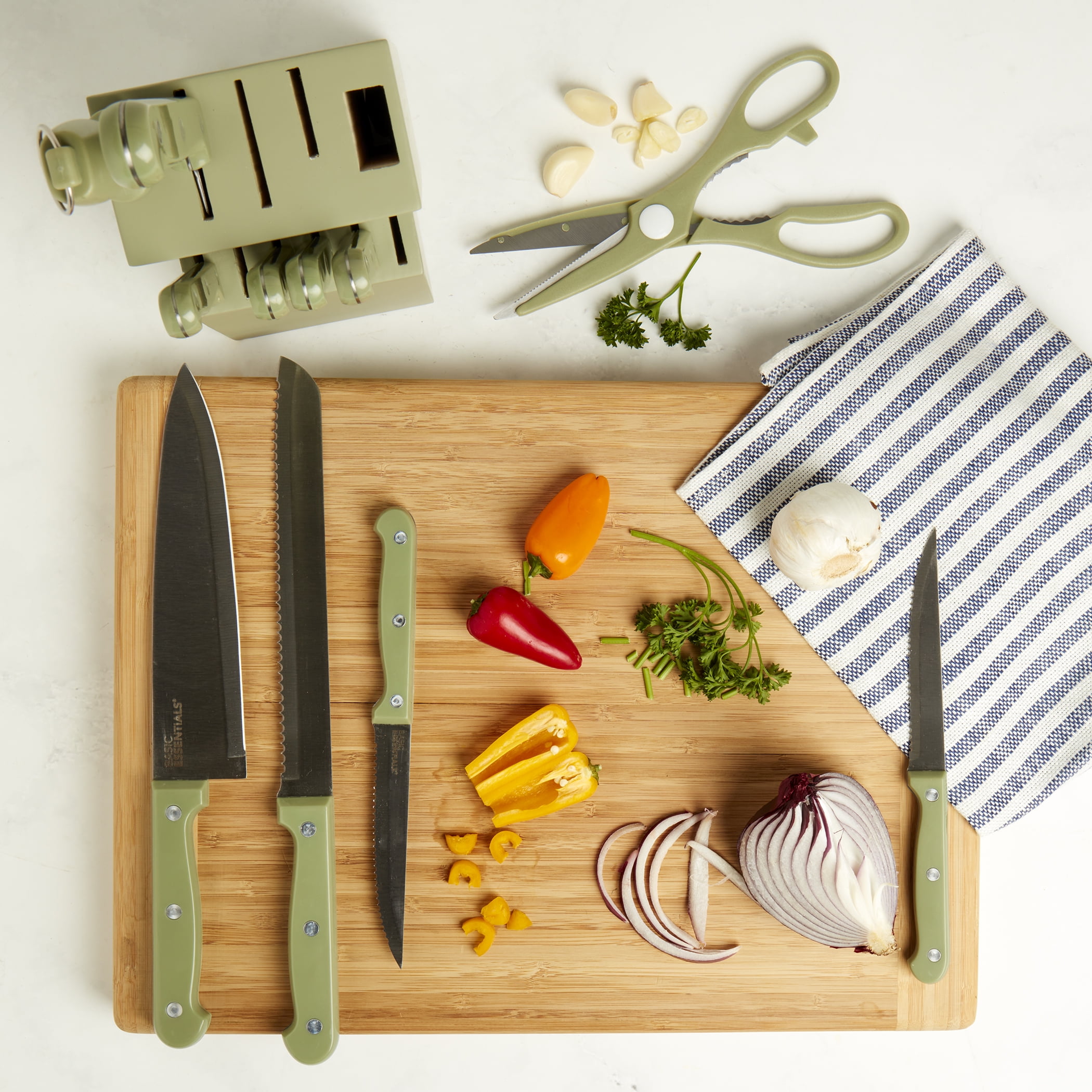 Basic Essentials 12 Piece Stainless Steel Kitchen Knife Set with Wood Block, Sage Green