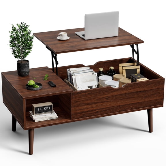 TopComfy Wooden Liftable Coffee Table Converts to Desk with Hidden Storage Compartments Adjustable Shelves Retro Wood Grain Metal Frame for Living Room, Brown
